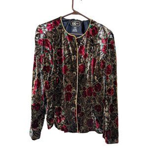 R&K Evening® Long Sleeve Wine Floral Stretch Jacket Blouse Button Front- Size 10